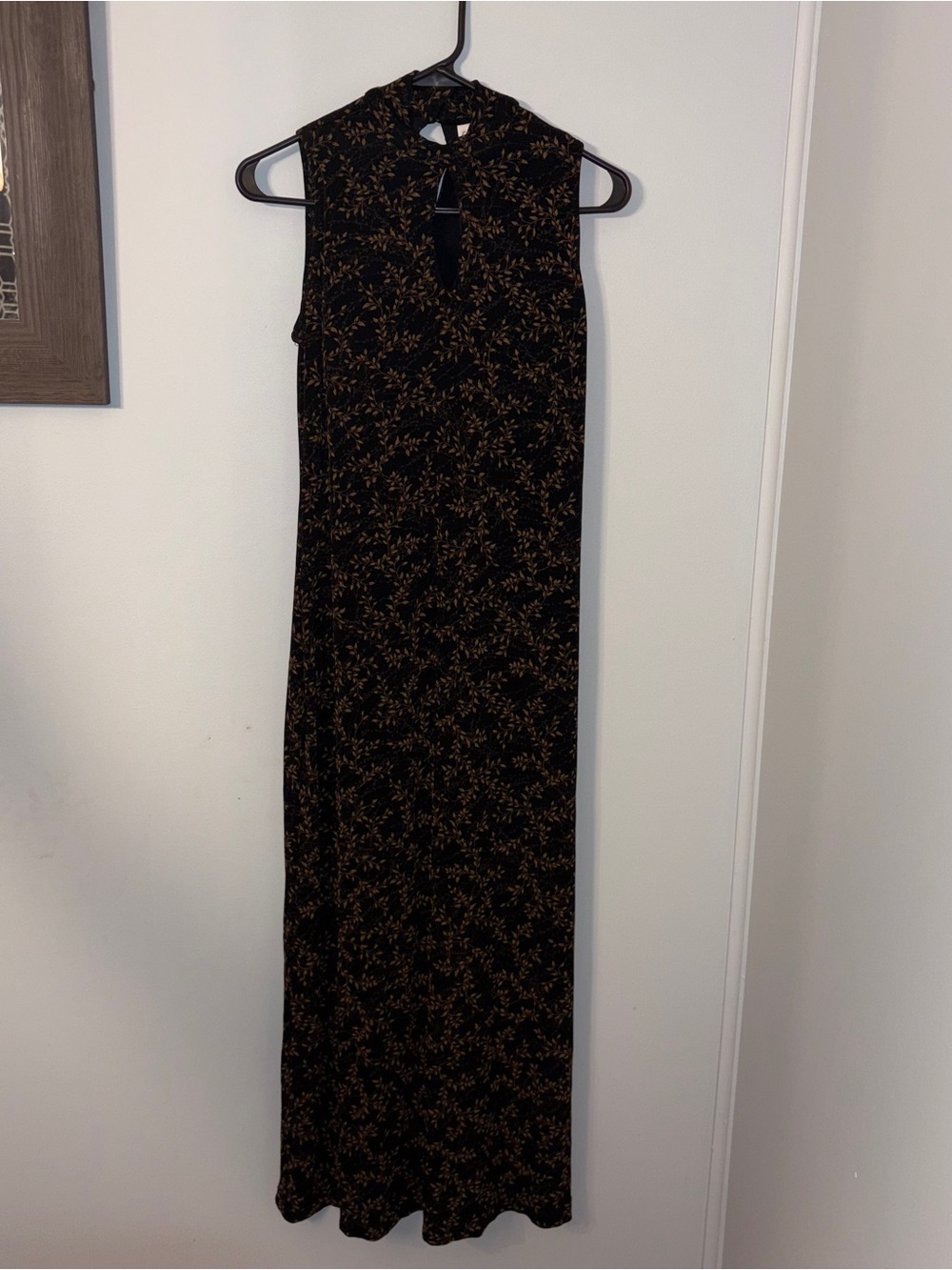 Coldwater Creek Sleeveless Mock T-Neck Key-Hole Maxi Dress BlackTan & Floral 6